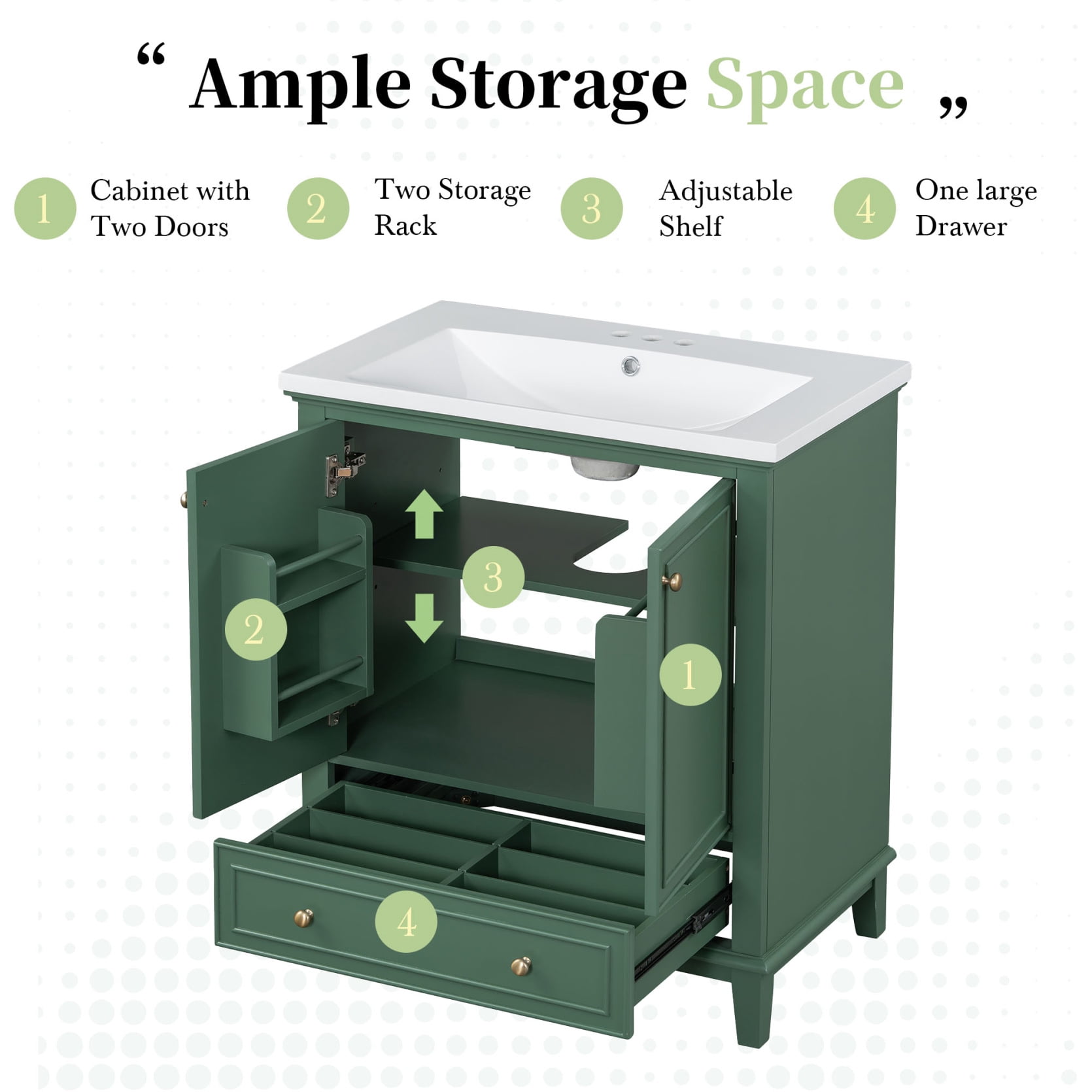 30" Bathroom Vanity Without Sink, Free Standing Wooden Bathroom Cabinet with Doors and Drawer, Multi-functional Under Sink  Storage Cabinet, Dark Green
