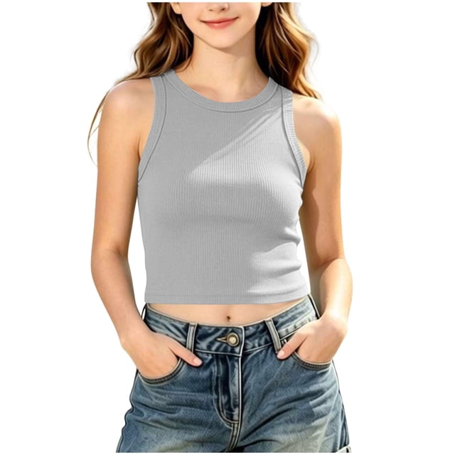 Blusas de Tirantes Acanaladas para Niñas Grandes - Tops Cortos sin Mangas con Cuello Redondo para Niña, Casuales, Ligeros, Ajustados, de Verano, Gris, 11 Años