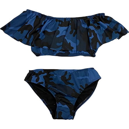 Cheryl Creations Kids Girl s Cute & Comfortable Two Piece Ruffle Front Bathing Suit Bikini | Swimsuit (Medium 10-12 Blue Camouflage)