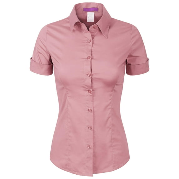 Made by Olivia Women's Junior Fit Short Sleeve Stretchy Button Down Collar Office Formal Casual Blouse Shirts Top (S-3XL)