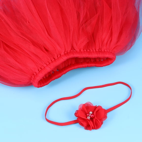 Masteelf Baby's Colorful Tutu Skirt and Elastic Flower Headband Dance Performance Photography Tulle Dress(Red)