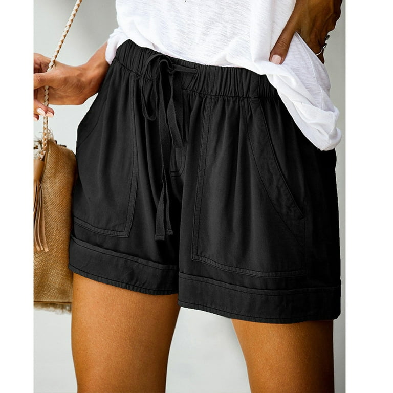 AXXD Shorts For Women Clearance Under $10,Plus Size Comfy Drawstring  Elastic Waist Pocket Loose Shorts Denim Shorts Lady Black 8 