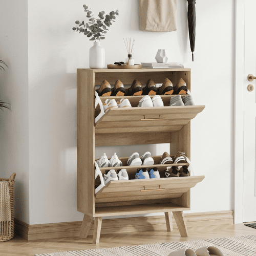 23.6" Slim Flip-Top Shoe Cabinet, Oak Wood Entryway Shoe Storage Cabinet with Double Tilt-Out Doors, Open Shelf, Mid-Century Modern Freestanding Shoe Organizer for Entryway & Hallway
