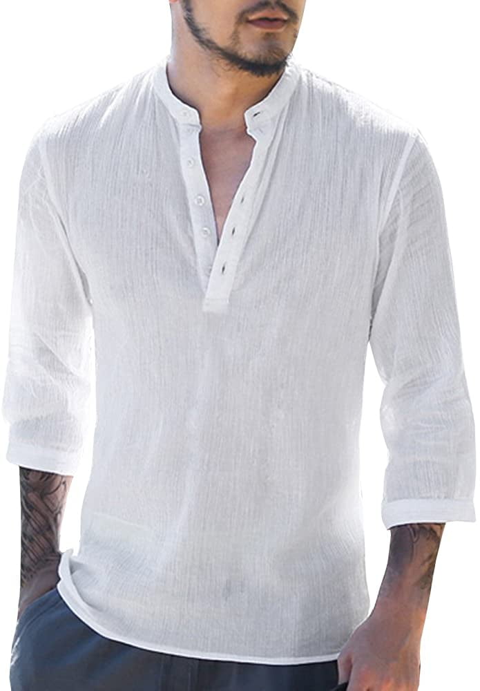 Mens Long Sleeve Henley Shirt Cotton 