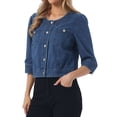 thumbnail image 4 of INSPIRE CHIC Women's Summer 3/4 Sleeve Collarless Button Up Denim Jean Jackets M Medium Blue, 4 of 6