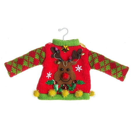 Reindeer Ugly Tacky Sweater Knitted Christmas Holiday Ornament 8.5 Inches
