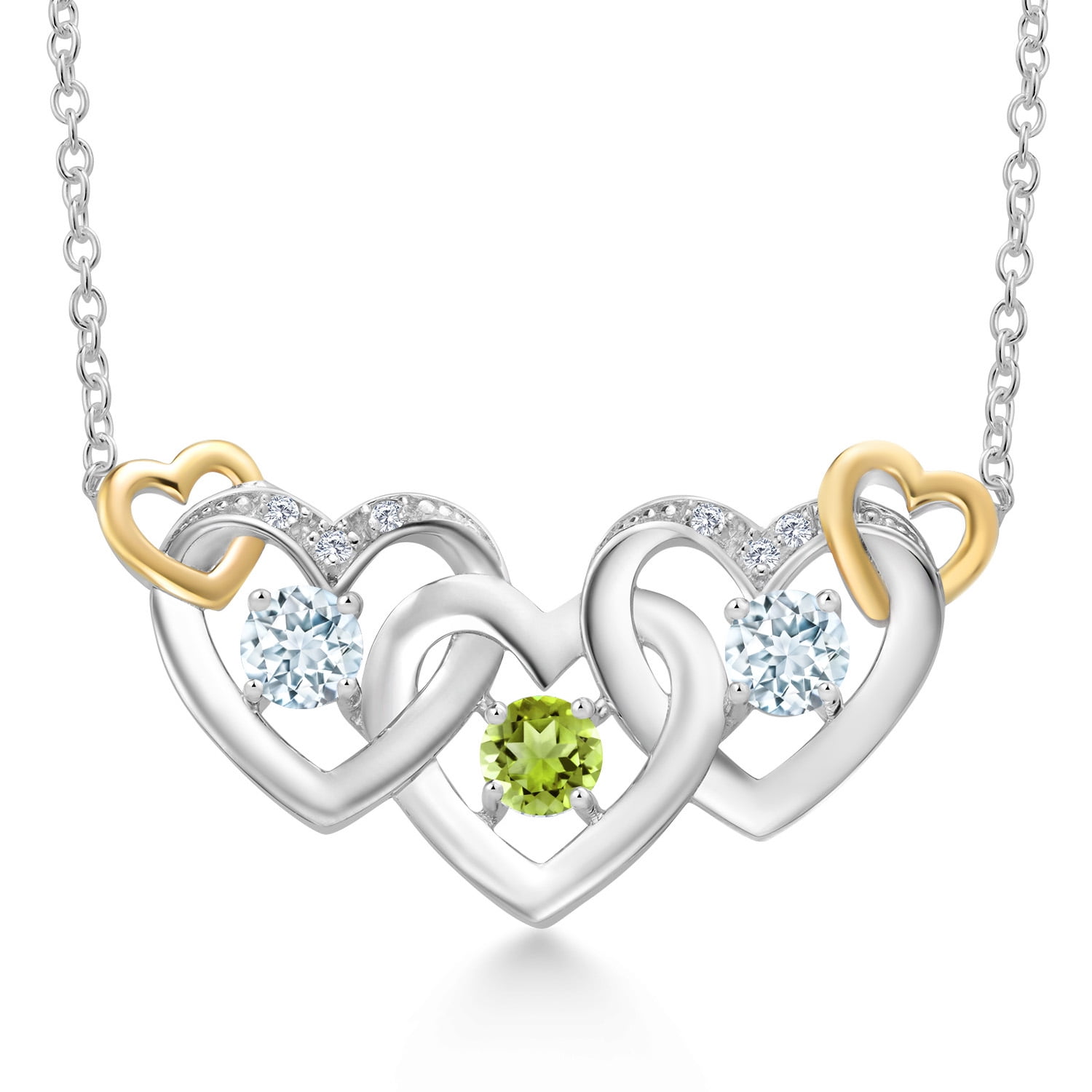 Gem Stone King 925 Silver and 10K Yellow Gold Green Peridot Sky Blue Aquamarine and White Lab Grown Diamond Heart Shape Pendant Necklace for Women (0.86 Cttw, with 18 inch Chain)