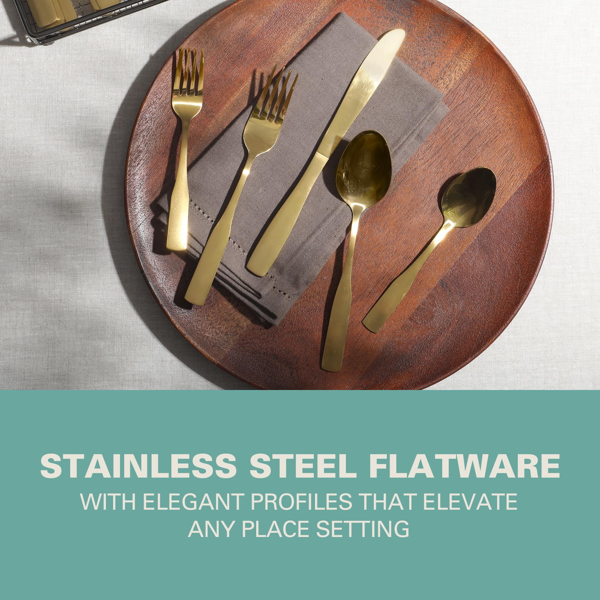 Gibson Home 144315.41 Abbeville Stainless Steel Flatware Set with Wire Caddy, Gold - 41 Piece
