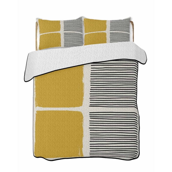 Black Stripes Quilts Bedding Set California King Yellow Japanese Style Striped Line Art Vintage Lightweight Quilted Bedspread 3 Piece Bed Quilt with 2 Pillow Shams All Season for Bedroom 96" x 106"