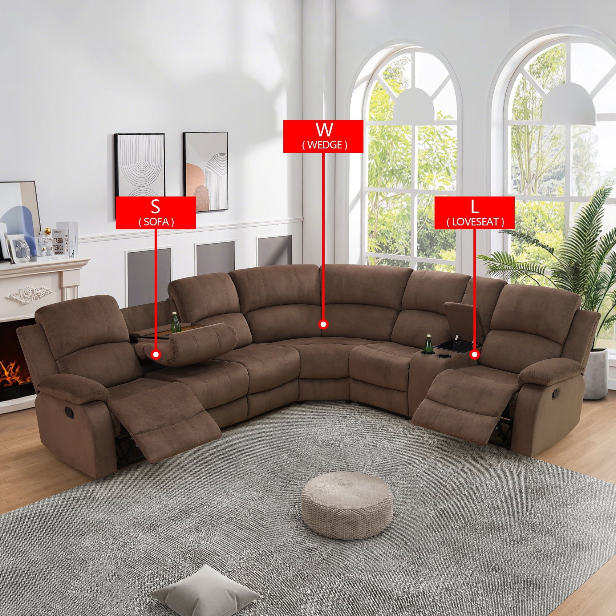 Gewnee Oversized Flannel Fabric Manual Reclining Sectional Sofa with 1-Seat Sofa,Cup Holders for Living Room