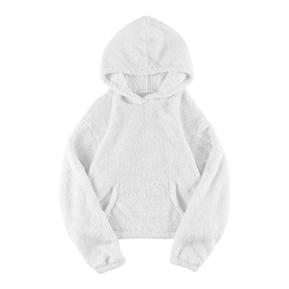 Lenpel Women's Cropped Hoodies Fuzzy Fleece Long Sleeve Plush Hooded Sweatshirts Soft Warm Pullover Sweater Tops(White,X-Large)