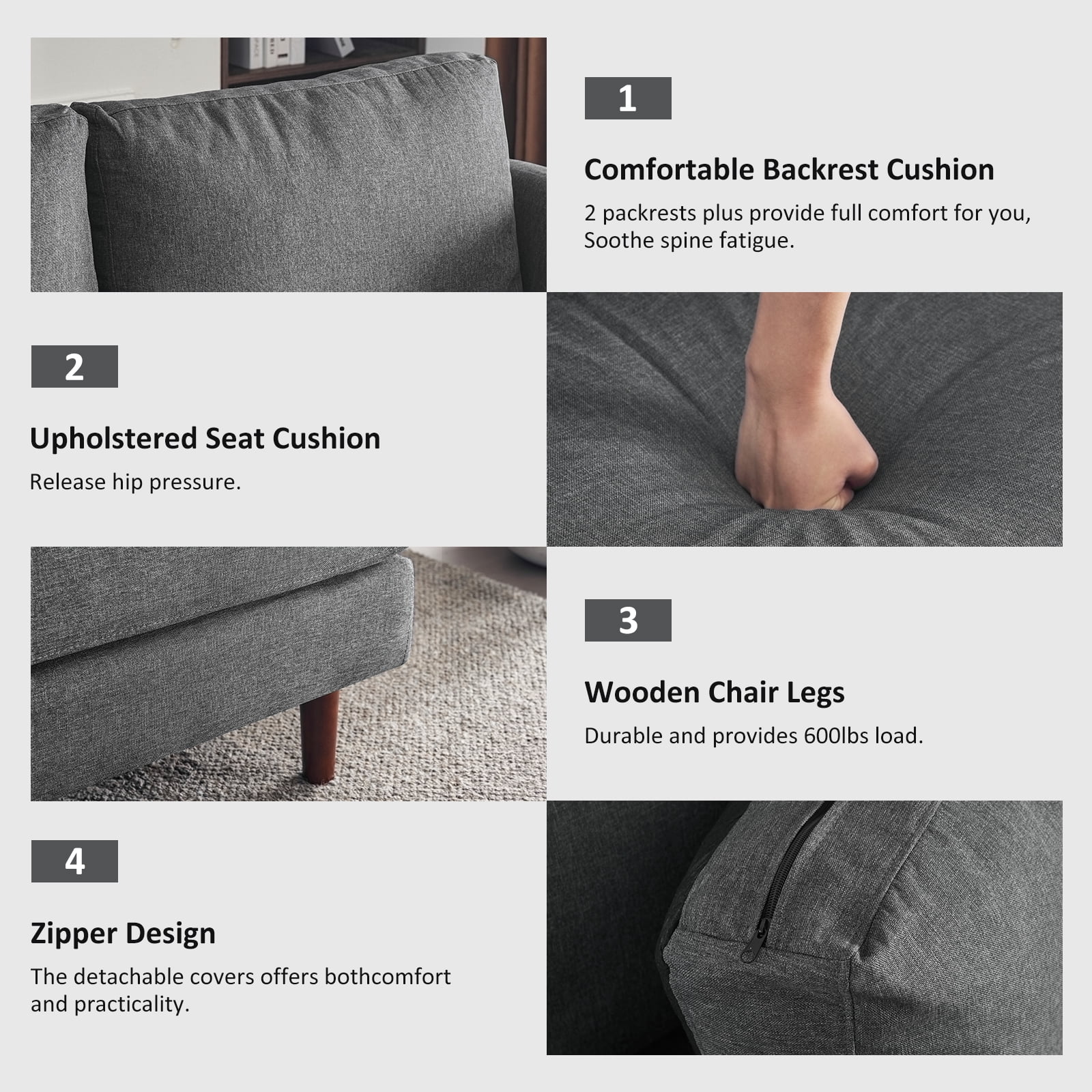 Furniliving 65" Upholstered Loveseat Sofa, Love Seat Small Couches, Extra Deep 2-Seat Small Sofa for Living Room, Bedroom, Apartment,Gray