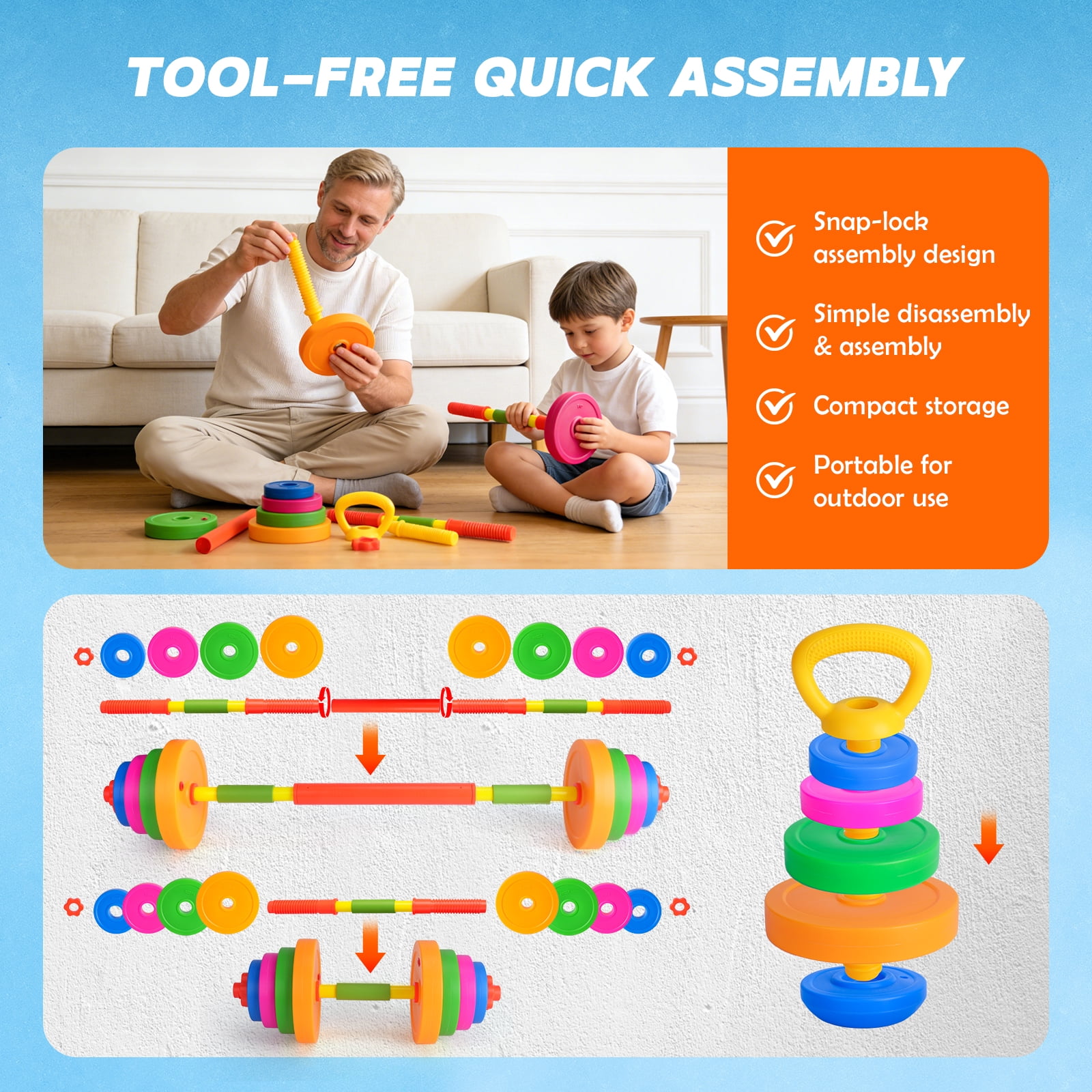AuntyFey 3-in-1 Kids dumbbell Fitness Set with Adjustable Barbell, Kids Gym Equipment for Pretend Play
