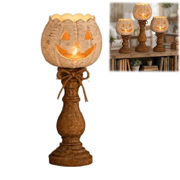 Pumpkin Candle Holder, Halloween Candle Holder, Rustic White Tealight Pumpkin Holder, Fall Table Centerpiece for Halloween Thanksgiving Decor (Large)
