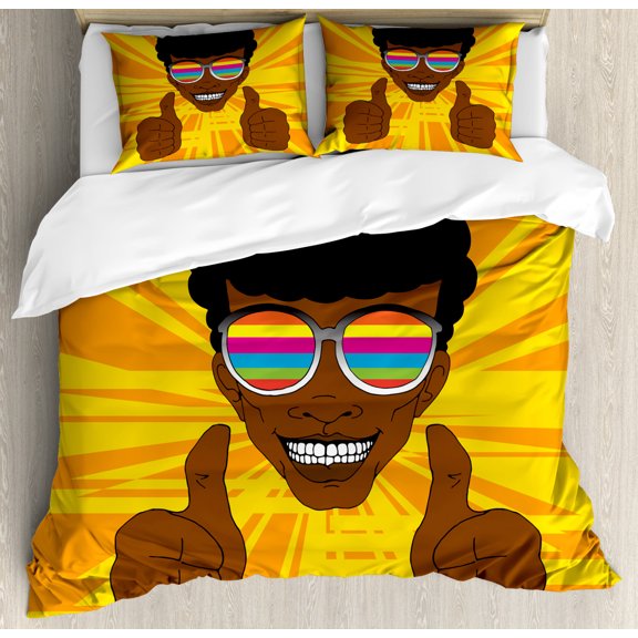 Afro Queen Size Duvet Cover Set, Happy Hippie Man with Colorful Sunglasses Lifting His Thumbs Retro Positive Vibes, Decorative 3 Piece Bedding Set with 2 Pillow Shams, Multicolor, by Ambesonne