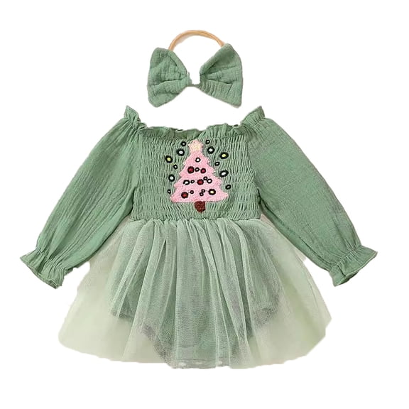 FYEGRE Festive Holiday Christmas Tree Dress for Baby Girls Long Sleeve Party Outfit Green 3-6 Months