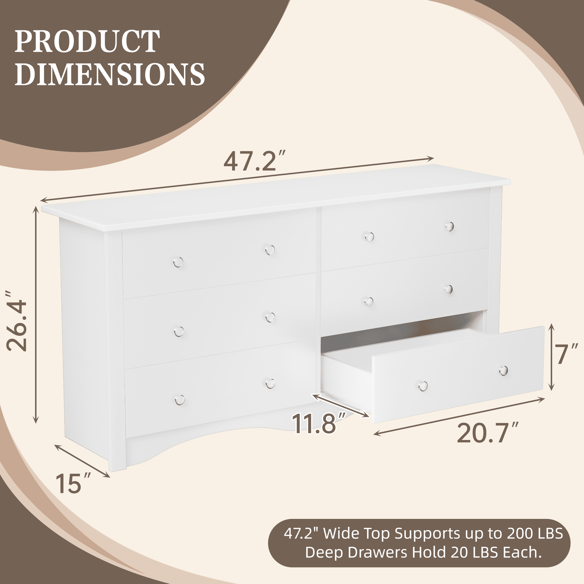 Homall 6 Drawer Double Dresser, Modern Chest of Drawers, Wood Storage Cabinet for Bedroom & Living Room, White
