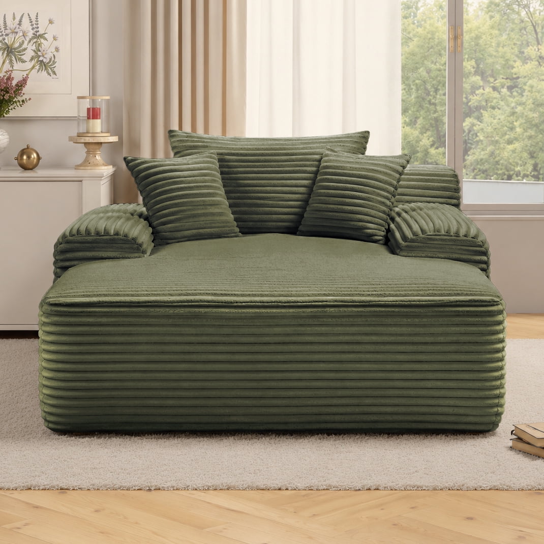 65" Oversized Chaise Lounge Chair with Wide Armrest & Throw Pillows,Corduroy Upholstered Boneless Sleeper Sofa Bed Armchair with Cup Holder for Living Room,No Assembly Required,Green