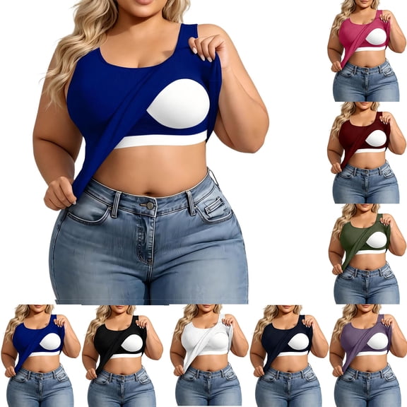 Sevevn Women's Plus Size Ribbed Crop Tank Top U-Neck Sleeveless Top with Built-in Bra Blue 3XL