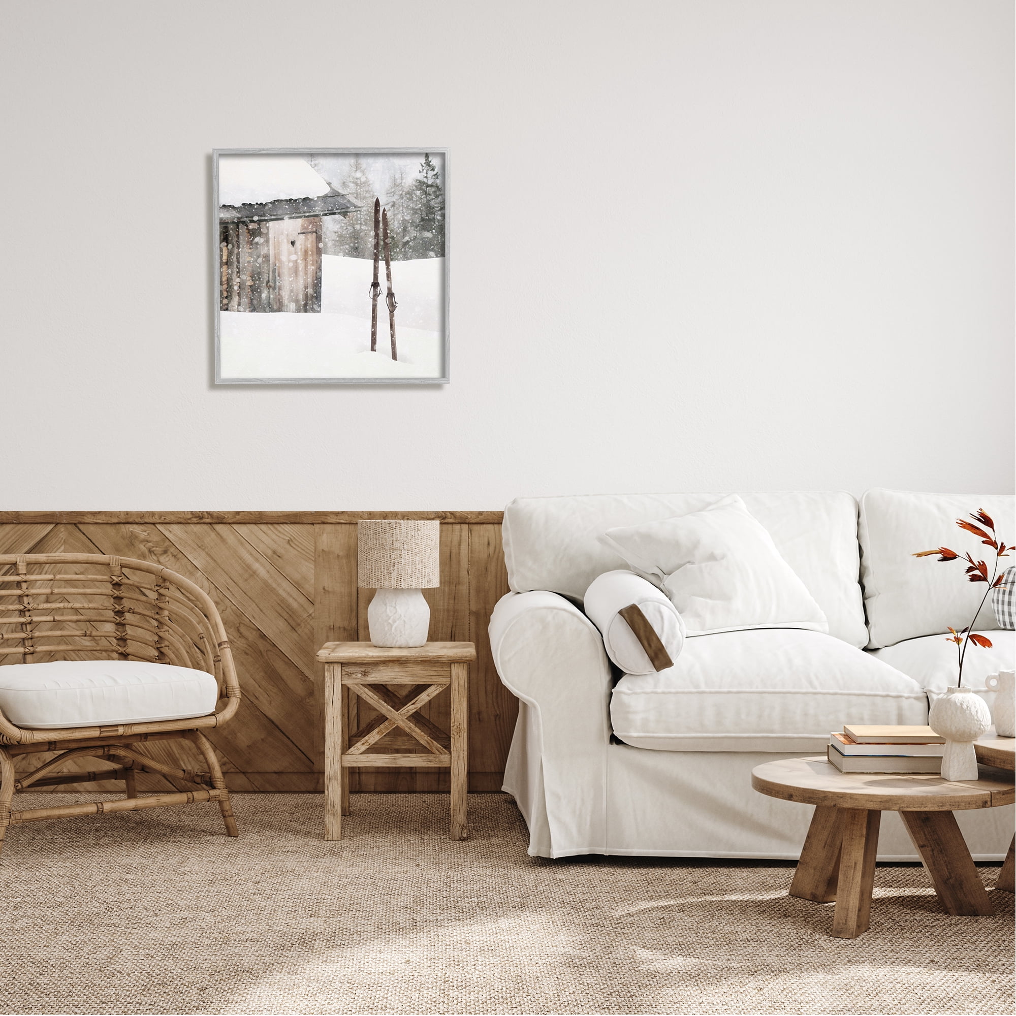 Stupell Industries Winter Cabin Skis Nature Painting Gray Framed Art Print Wall Art, 24 x 24