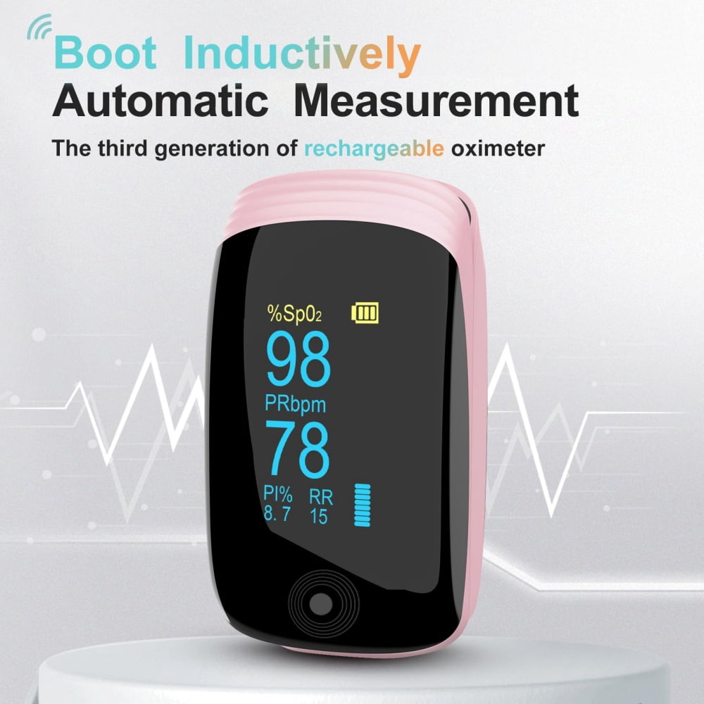 Rechargeable Pulse Oximeter Fingertip Oxygen Monitoring Fingertips with SpO2 Pulse Rate and PI RR OLED Precision Rapid Oximeter SpO2 Readings Outdoor Sports Home (Pink)