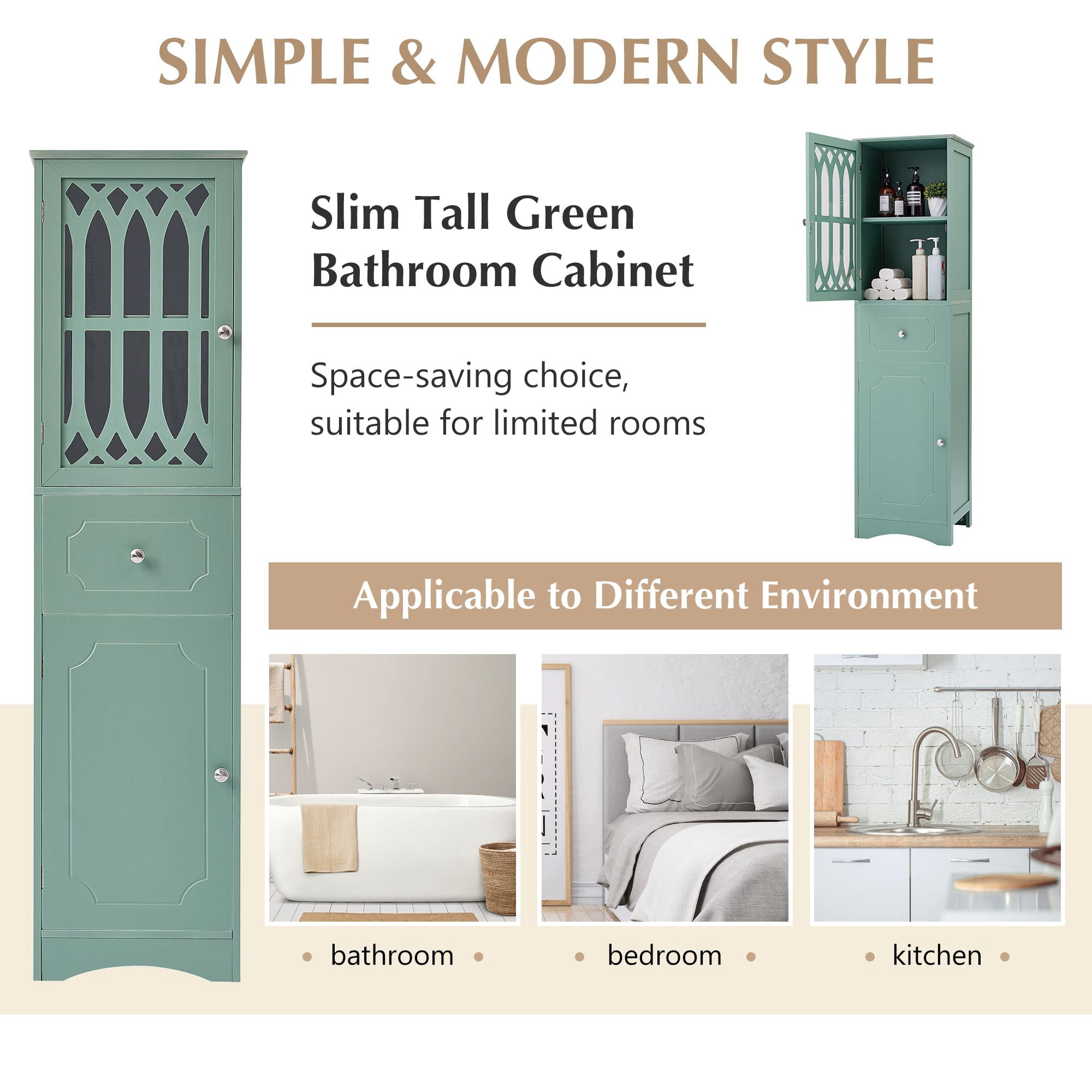 DEALTOPS Modern Bathroom Cabinet with Drawer and 2 Cabinets, Slim Freestanding Storage Cabinet with adjustable shelf for Bathroom - Green