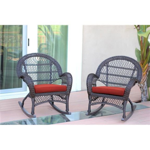 W00208-R-2-FS018-CS Espresso Wicker Rocker Chair with Red Cushion - Set of 2