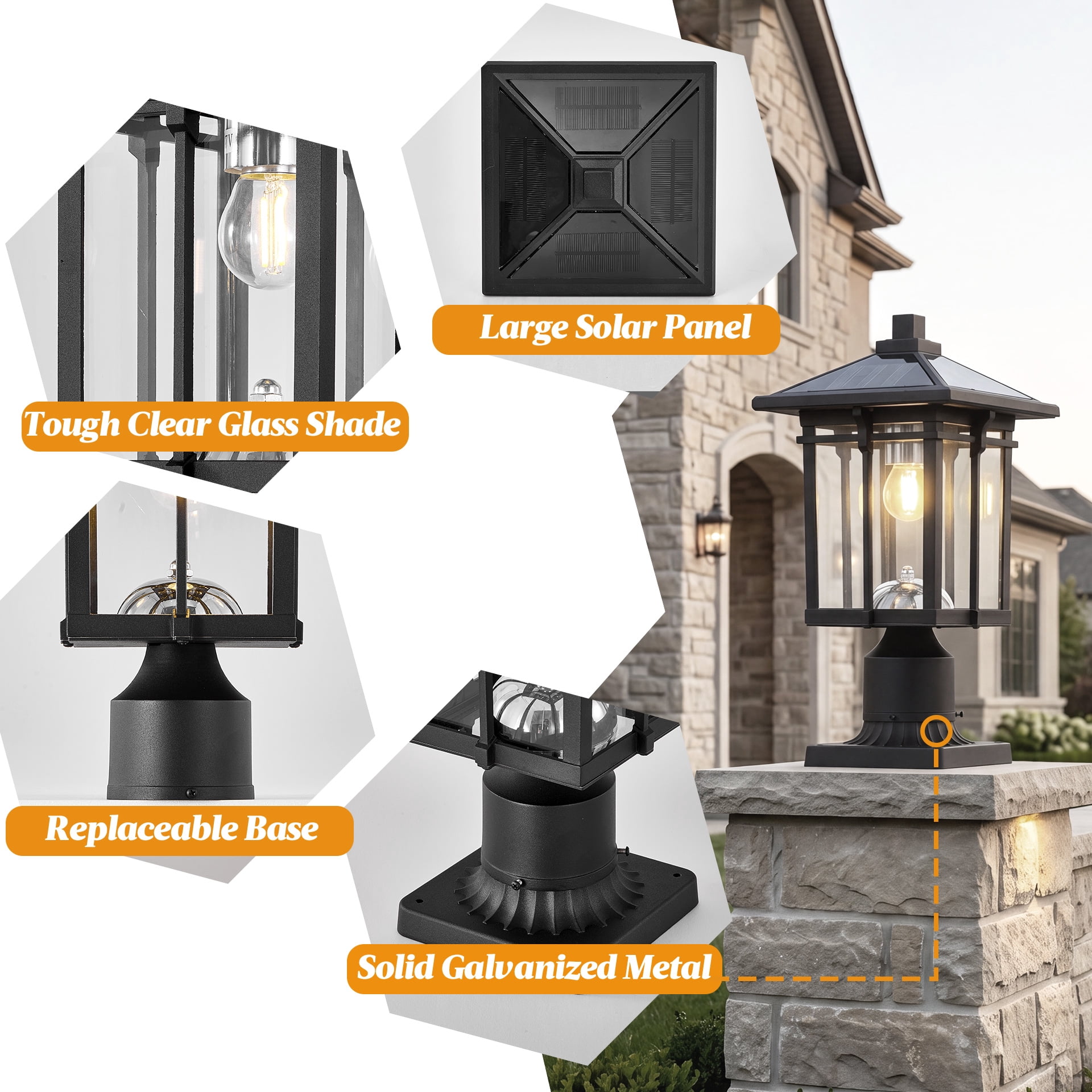 Solar Powered Post Light with Dusk to Dawn Sensor and Pier Mount Base, Outdoor Lamp for Garden and Pathway, Black