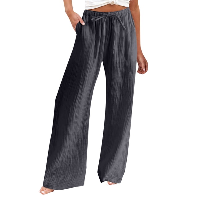 Timegard Lounge Pants for Women Elastic High Waisted Drawstring Straight Leg Summer Trousers with Pockets