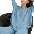 thumbnail image 3 of Womens Cotton Gauze Loungewear Sets Casual Button Down V-Neck Long Sleeves Shirt and Wide Leg Pants Outfits Blue M, 3 of 7