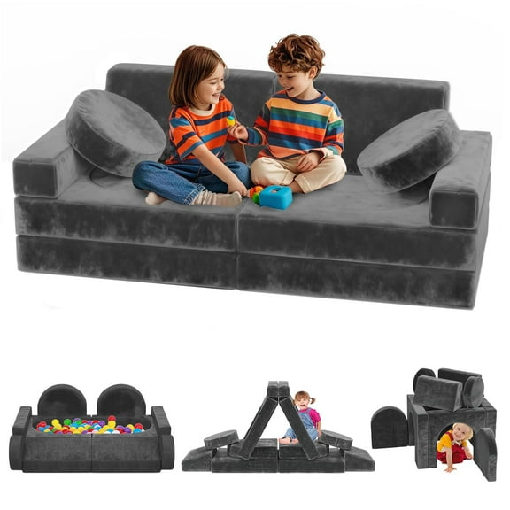 Modular Kids Play Couch, 12Pcs Kids Sofa for Playroom Bedroom Living Rooms Toddler Sofa for Inspiring Child Creativity, Children Creative Convertible Foam Sofa, Gray