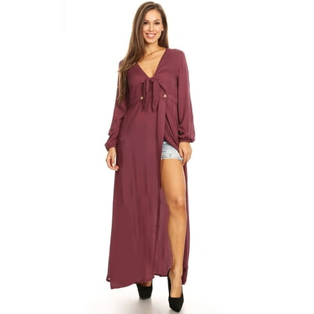 Sexy Plunge Bow Tie Knot V Neck Long Sleeve High Side Slit Wrap Dress