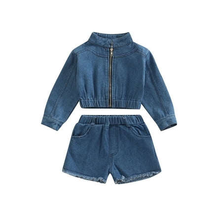 

SHIBAOZI Toddler Baby Girls Outfits Solid Color Long Sleeve Zip Up Denim Cropped Jacket and Jeans Elastic Waist Shorts