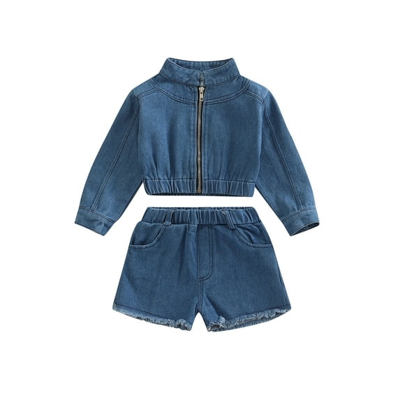 hirigin Girls Two-piece Shorts Suit, Blue Solid Color Zip Up Long Sleeve Tops and Elastic Waist Shorts