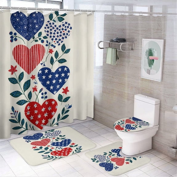 Shower Curtain Sets with Rugs 4 Piece Non-Slip Rugs And Toilet Mat Lid Rug Accessories Red Blue Hearts Green Laeves Durable And Waterproof Happy Independence Day for Bathroom Decor