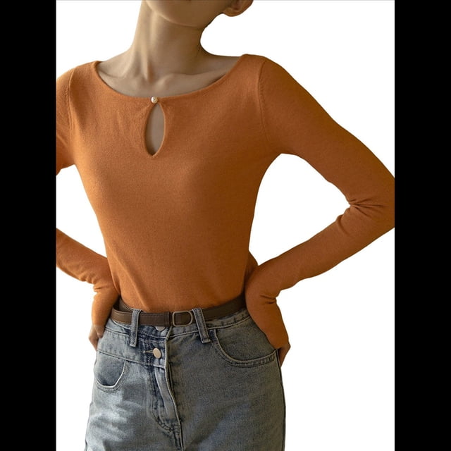 Camiseta de Larga y Cuello Redondo Estilo Francés para Mujer, Ideal para , Otoño e Invierno. Tops Interiores de Moda. Naranja XXL