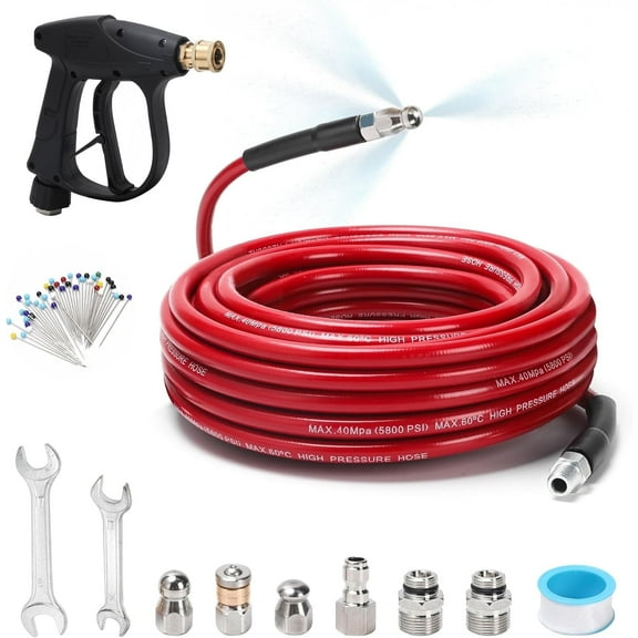 Sewer Jetter Kit for Pressure Washer 50 FT, Drain Cleaner Hose with Power Washer Gun, 1/4 Inch NPT Corner, Rotating and Button Nose Sewer Jetting Nozzle,Waterproof Tape, Pearl Corsage Pin, Spanner