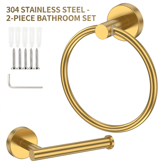 Gold Bathroom Hardware Set 304 Stainless Steel Hand Towel Ring and Toilet Paper Holder Wall Mount Brushed Brass Accessories Kit
