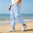 thumbnail image 5 of Havenx Cotton Linen Pants for Men Elastic Waist Drawstring Trousers with Pockets Cuffed Ankles Pants Baggy Beach Lounge Relaxed Fit Casual Summer Loungewear,Light Blue 2XL, 5 of 5