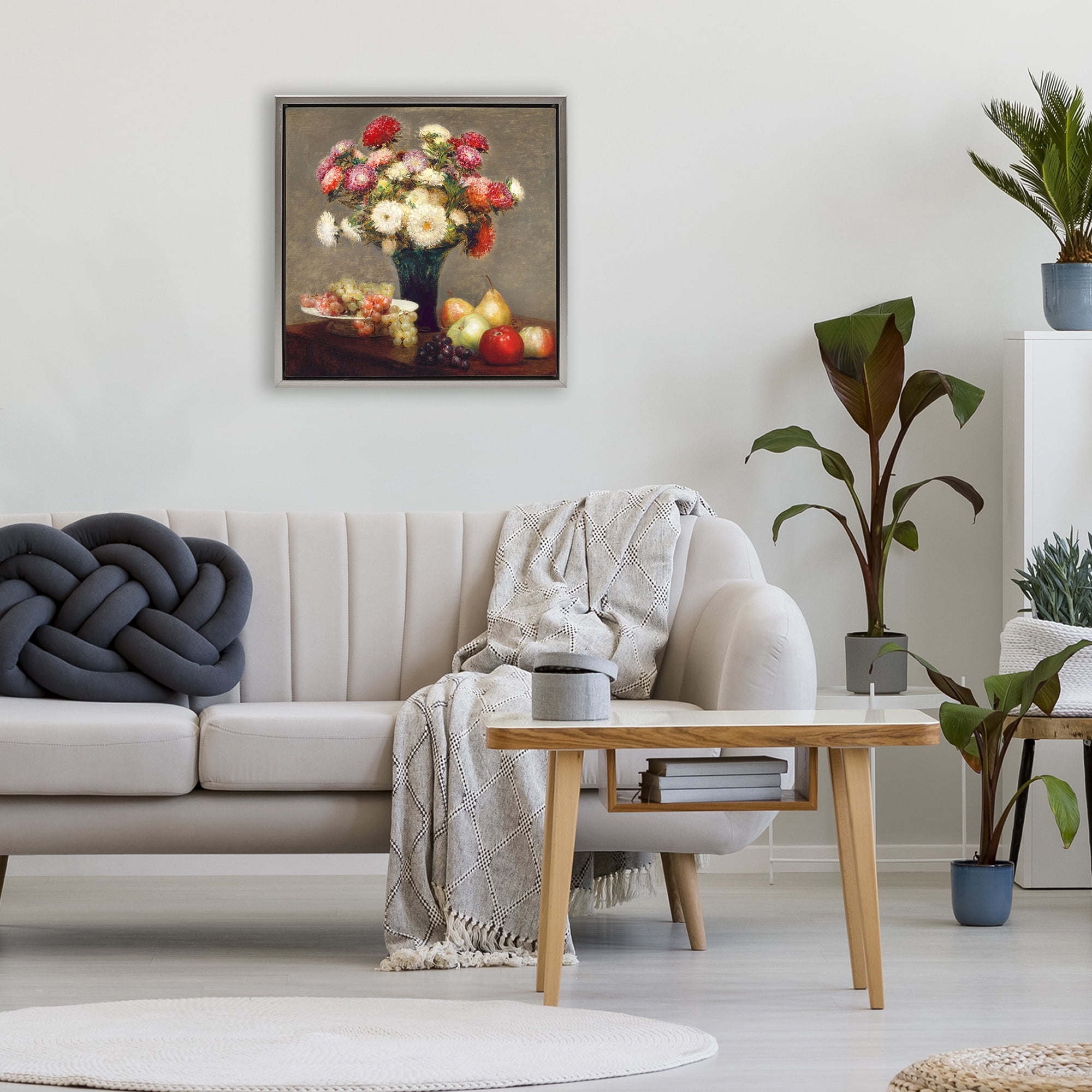 Stupell Industries Fruit & Asters Still Life Gray Framed Floater Canvas Wall Art, design by CAD Designs