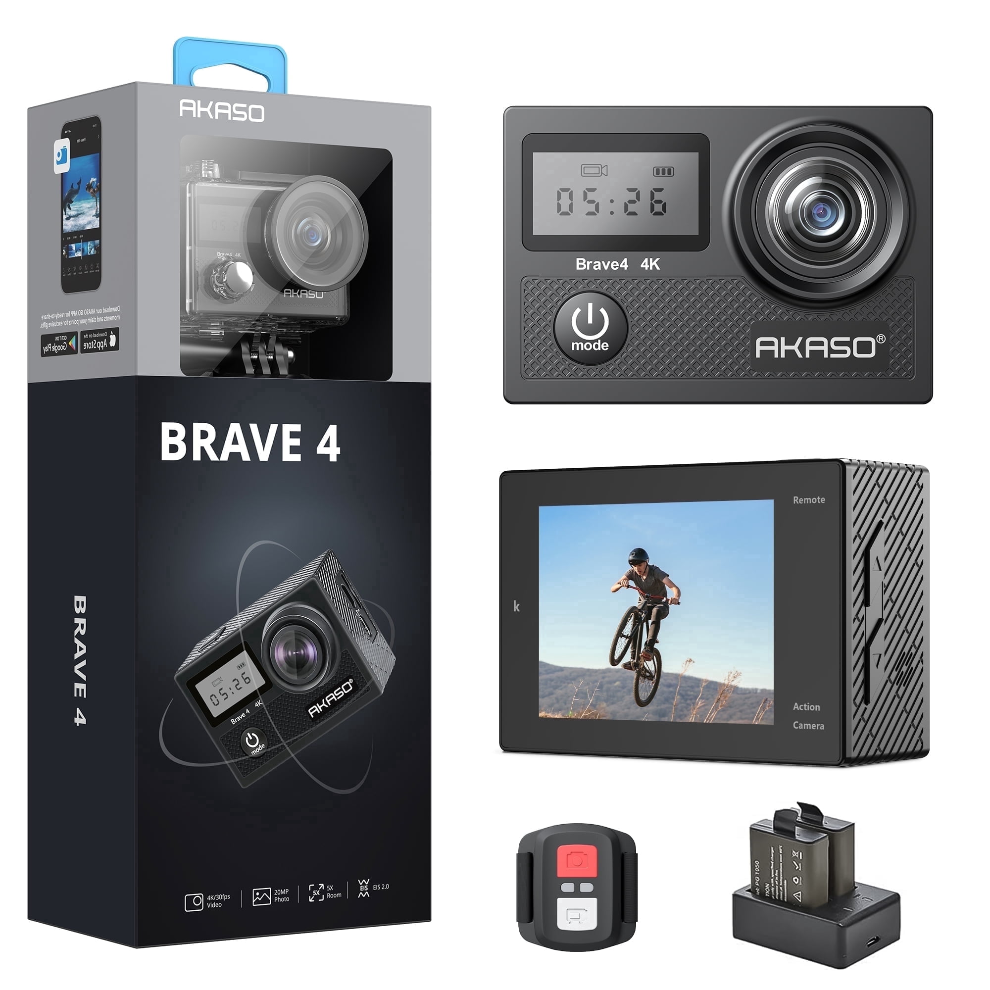 AKASO Brave 4 Action Camera 4K 30fps 20MP WiFi Ultra HD EIS Camera 5X Zoom 30m Underwater Waterproof Camcorder