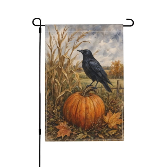 Raven On Pumpkin Halloween Garden Flag For Autumn Outdoor Decor 12x18 in