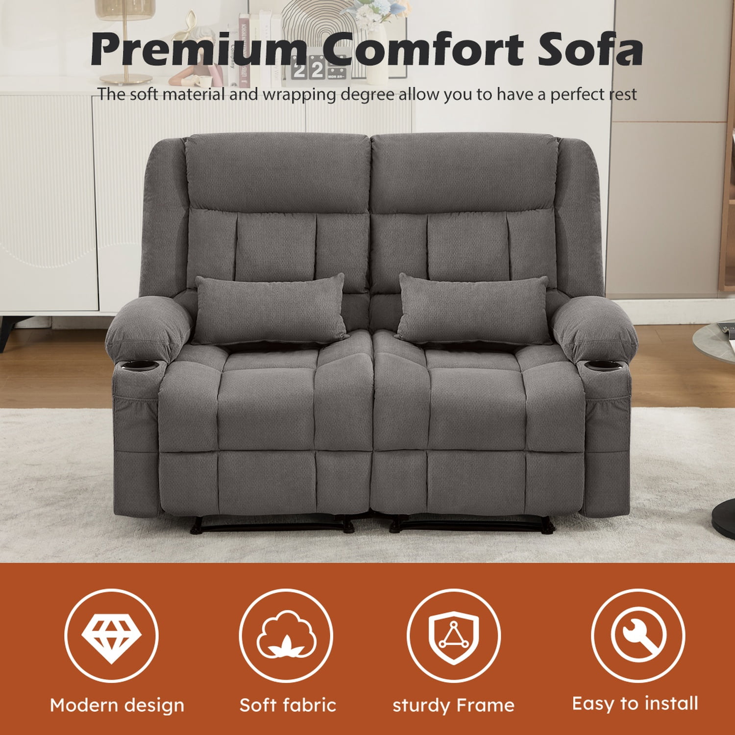 Alvantor Loveseat Recliner Sofa for Adults with Cup Holders, Modern Overstuffed Manual Sofa Chair for Home Theater Grey