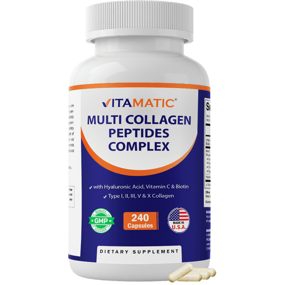 Vitamatic Multi Collagen Peptides Complex with Hyaluronic Acid, Vitamin C & Biotin, Types I, II, III, V & X Collagen, 240 Capsules, Non-GMO, Made in USA
