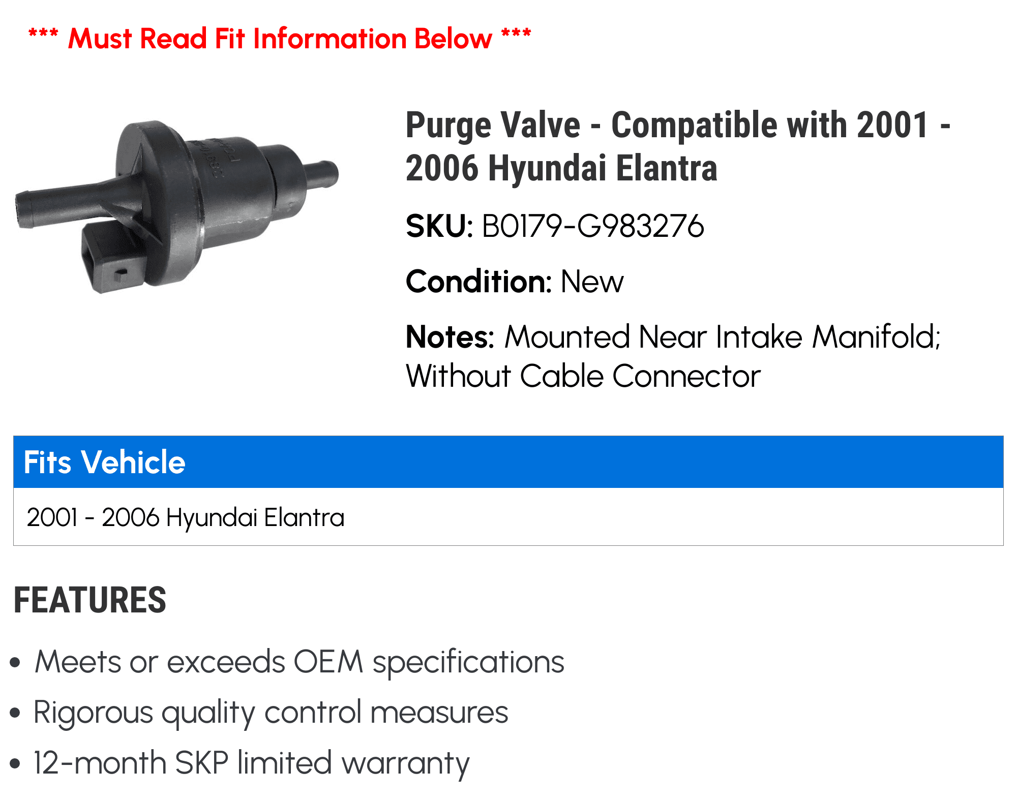 Purge Valve - Compatible with 2001 - 2006 Hyundai Elantra 2002 2003 2004 2005
