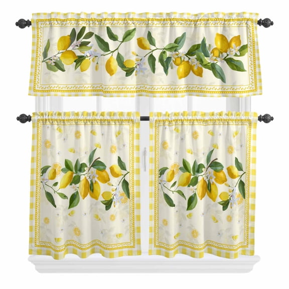 3 Piece Kitchen Curtains and Valances Set Yellow Lemons Cafe Curtains 36 Inch Length Summer Botanical Checkered Farmhouse Valance & Tier Curtain for Living Room Bedroom Small Window 54"x18" 27"x36"*2