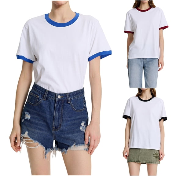 Bovxnpu Summer Short Sleeve T Shirts Pullover Top Undershirt Cotton Crewneck Loose Summer Tee Summer Tops (Women's or Women's Plus)