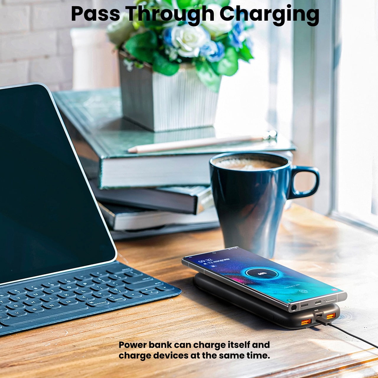 Techsmarter 10000mAh 22.5W 22.5W USB-C PD Wireless Power Bank with Suction Cups, Portable Charger For Samsung S23, S22, S21, S20, Note, iPhone 15, 14, 13, 12, 11, XS, X, XR