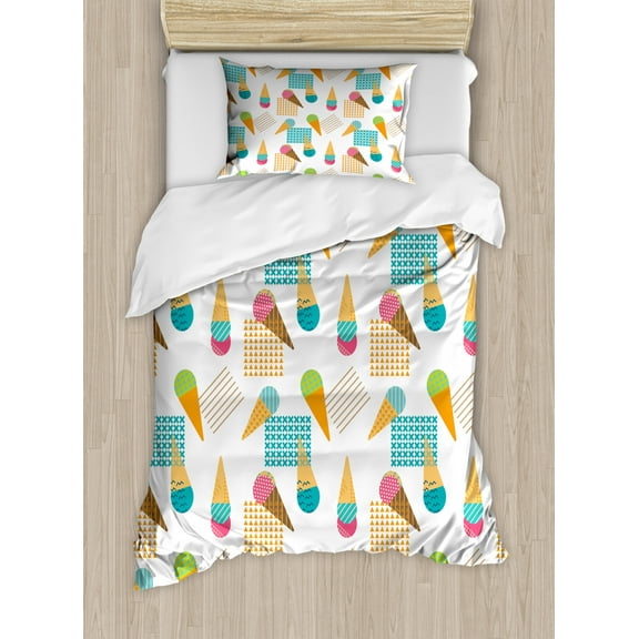 Ice Cream Twin Size Duvet Cover Set, Pattern in Scandinavian Style Cones with Colorful Scoops and Geometric Design, Decorative 2 Piece Bedding Set with 1 Pillow Sham, Multicolor, by Ambesonne