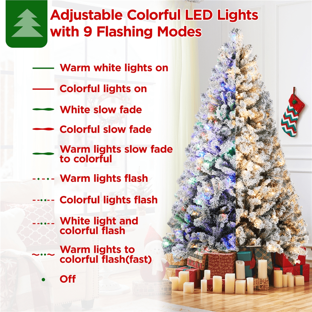 Alden Design 7.5 Ft Pre-Lit Flocked Artificial Christmas Tree with Foldable Stand, Green